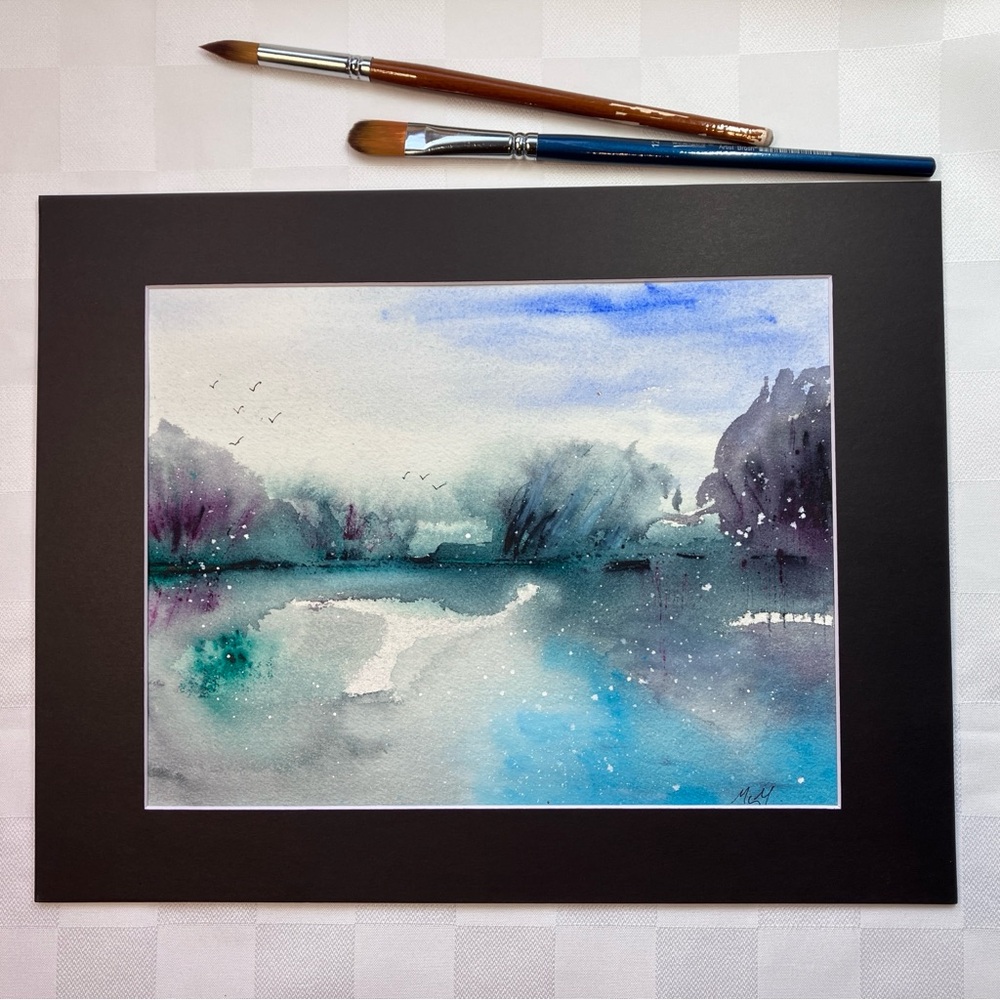 Abstract Lakeside Landscape Original Watercolor Wall Art Painting